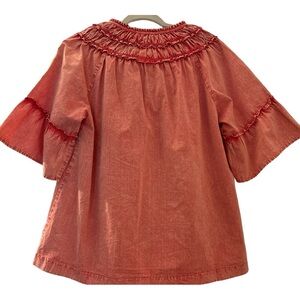 MAZIK TOP Pink-orange,salmon,smocking at the yoke and back. 3/4 ruffled sleeves.